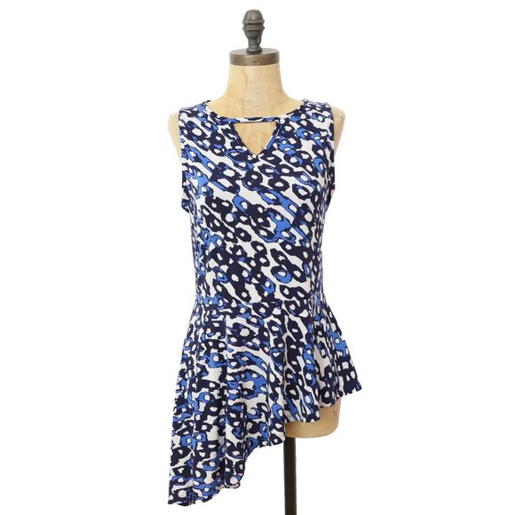 LEOTA Lulu Cascade Top S Printed Tunic Asymmetric Tank Blue Keyhole EUC B26 - Picture 2 of 6